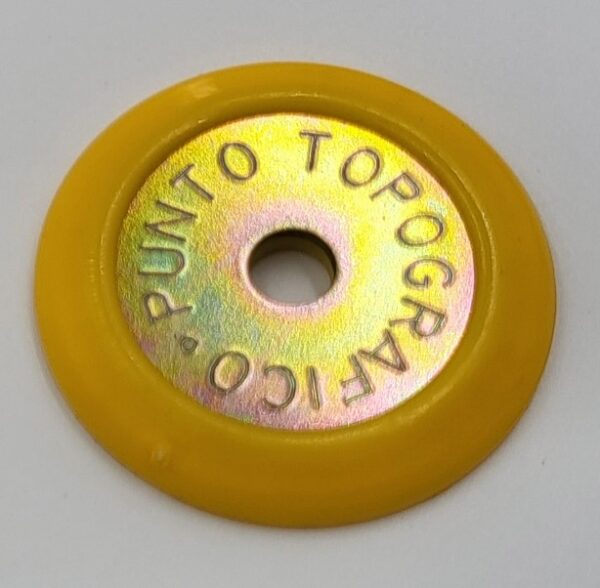 CTR-2Y - Confezione 10pz rondelline in plastica gialla ed acciaio per chiodi serie G, con incisione "Punto Topografico"